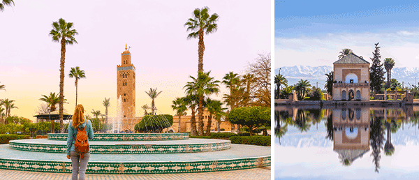2 Bilder: Frau vor Brunnen in Marrakesch und Menara-Garten Pavillon in Agadir.