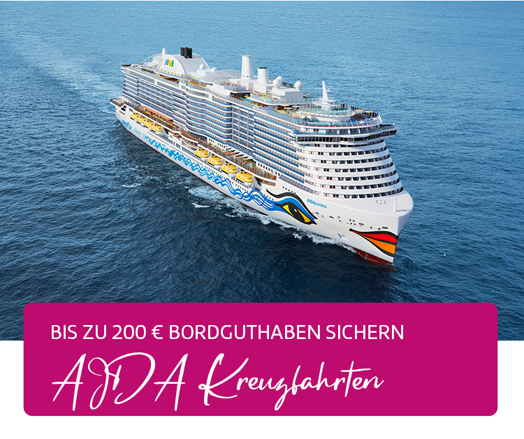 AIDA Cosma von Außen mit pinkem Rechteck mit Text: Bis zu 200 € Borguthaben sicern - AIDA Kreuzfanrten