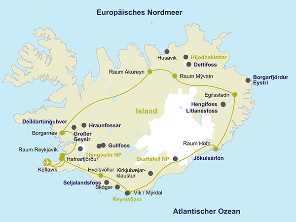 Karte der 11-tägigen Island-Rundreise.
