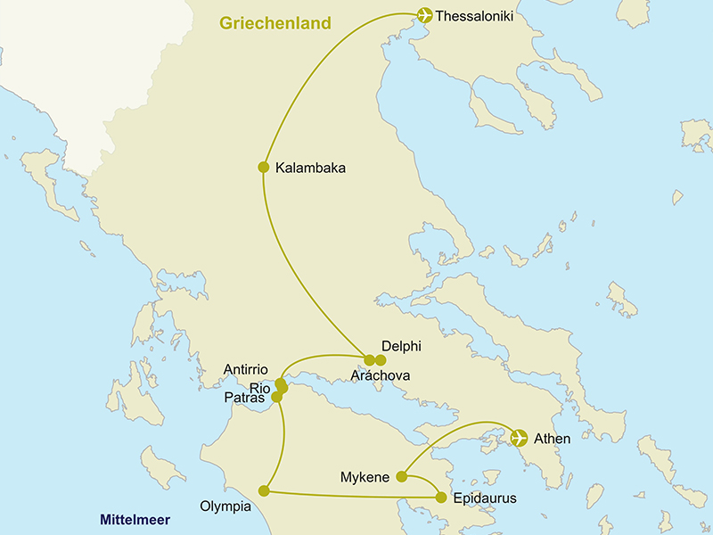 Karte der Rundreise in Griechenland.
