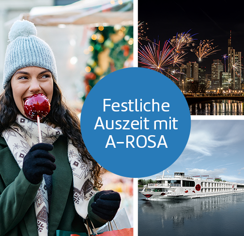 Bild-Collage: Frau mit Wintermütze isst roten, kandierten Apfel, Feuerwerk vor der Skyline von Frankfurt und Außenansicht A-ROSA AQUA. Kreisgrafik mit Text: Festliche Auszeit mit A-ROSA.