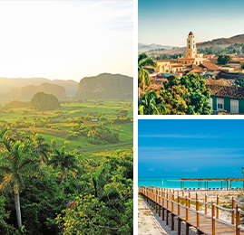 Bildcollage: Blick auf das Vinales-Tal, die Stadt Trinidad und Strand von Cayo Cruz.