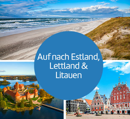 Bilder-Collage: Dünen und Meer der Kurischen Nehrung, Altstadt von Riga und Wasserburg Trakai. Störer: Auf nach Estalnd, Lettland und Litauen.