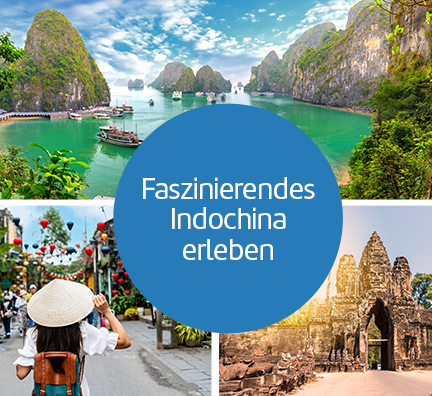 Bilder-Collage: Boote in der felsigen Halong-Bucht, Frau mit Strohut läuft durch eine Straße mit bunten Lampions und alte Steingesichter in einem Durchgang in Angkor. Kreisgrafik: Faszinierendes Indochina erleben.