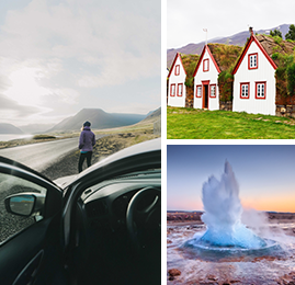 Bildcollage: Frau vor Auto schaut auf Isands Landscahaft, mit Gras überwachsensene Häuser und Geysir.