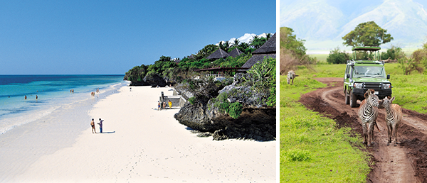 Tansania und Kenia. Weißer Sandstrand und Safari.