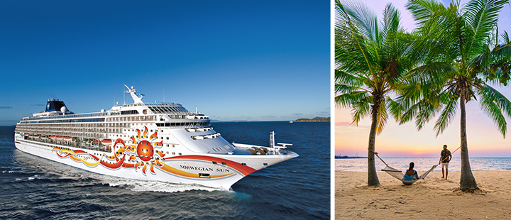 Bilder-Collage: Norwegian Sun und Paar am Palmenstrand von Pattaya mit Hängematte.