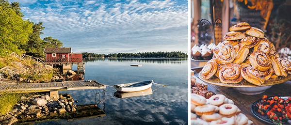 Bild-Collage: Landschaft in Schweden und Zimtschnecken.