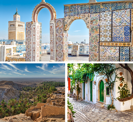 Bild-Collage: Kunstvoll verzierte Wand mit Durchgang in Tunis, Gasse in Mahdia mit weißen Häsuern und grünen Türen, Wüstenlandschaft und Palmen.