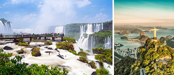 Zwei Bilder: Iguazú Wasserfälle & Rio de Janeiro.