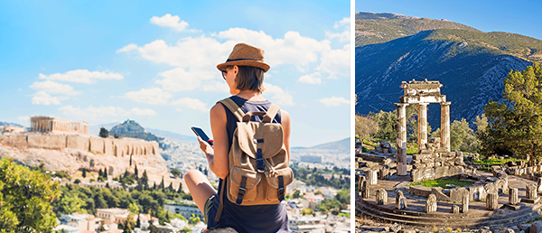 Frau mit Reiseführer in der Hand vor der Akropolis und Tempel bei Delphi