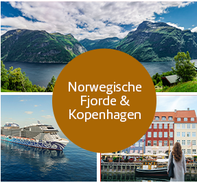 Bildcollage: MSC Euribia auf See, Frau in Kopenhagen und Geiranger Fjord.
