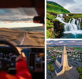 Bildcollage: Autofahrer auf Straße, Wasserfall mit grünen Bergen & Kirche in Reykjavík.