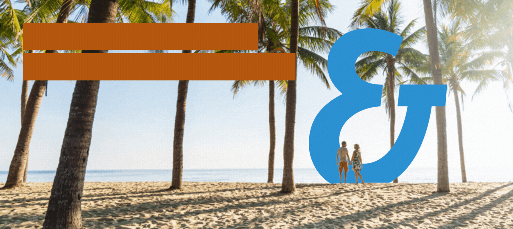Gif.-Bild: Paar am Strand mit Palmen. Erscheinende Elemente: Blaue Kreisgrafik mit Text: Top 5 Reisen des Monats. Text auf orangenem Hintergrund: Welche Reisen sind gerade heiß begehrt?
