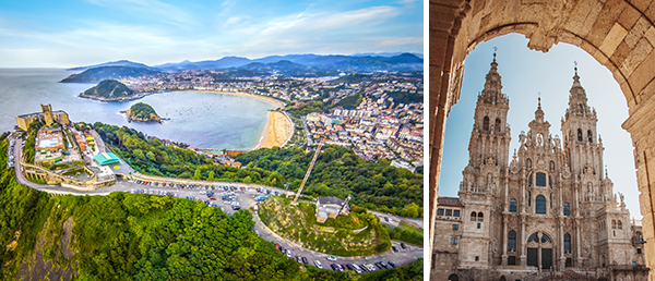 Bild-Collage_ San Sebastian und Kirche in Santiago de Compostela.