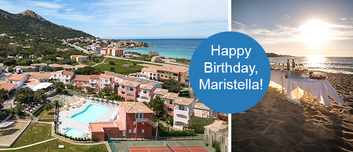 Bild-Collage: Hotel Maristella mit Poollandschaft und festlich gedeckter Tisch am Meer. Blaue Kreisgrafik mit Text: Happy Birthday, Maristella!