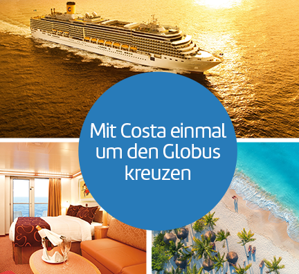 Bild-Collage: Außenansicht Costa Deliziosa, Balkonkabinen-Beispiel und Strand mit Palmen und türkisblauem Wasser von oben. Blaue Kreisgrafik mit Text: Mit Costa einmal um den Globus kreuzen.