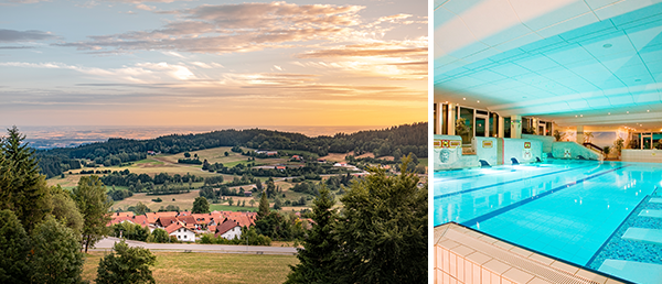 Bild-Collage: Landschaftsbild St. Englmar und Innenpool des Hotels.