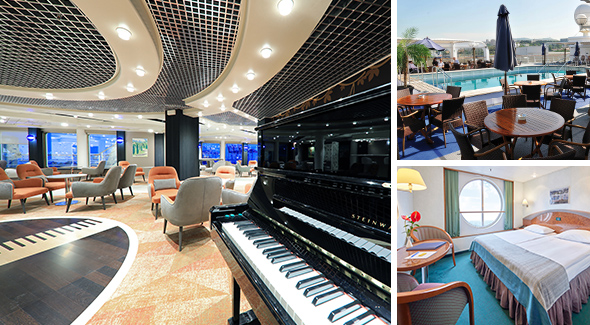 MS Hamburg: Salon, Pooldeck und Kabinenbespiel.