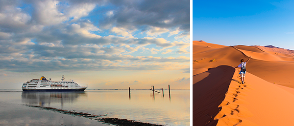 Bildcollage mit Blick auf die MS Hamburg auf See und die Dünen von Sossusvlei.