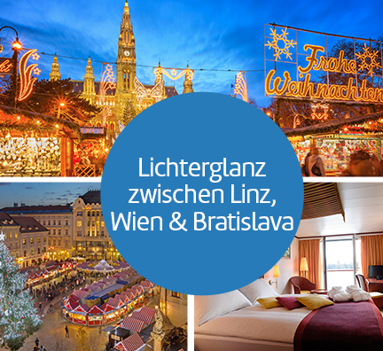 Bild-Collage: Weihnachtsmarkt in Wien und Bratislava sowie Beispiel Außenkabine mit französischen Balkon. Kreisgrafik mit Text:  Lichterglanz zwischen Linz, Wien und Bratislava.