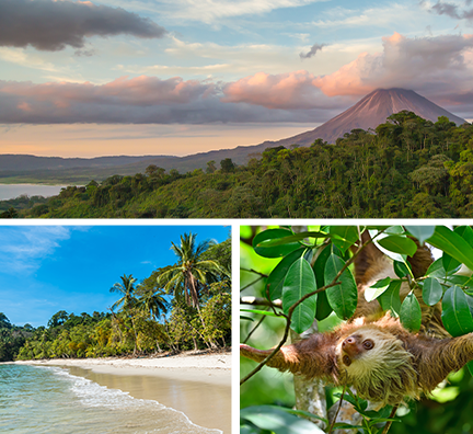 Bild-Collage: Vulkan und Dschungel bei La Fortuna, Traumstrand mit weißen Sand und Palmen und Faultier im Dschungel.