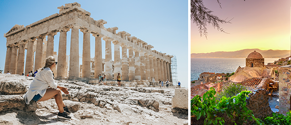 Bild-Collage: Frau sitzt auf Stein und schaut auf Akropolis und Gebäude mit Kriche von Monemvasia bei Sonnenuntergang am Meer.