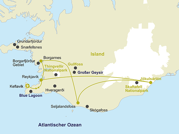 Karte der 8-tägigen Island-Rundreise.