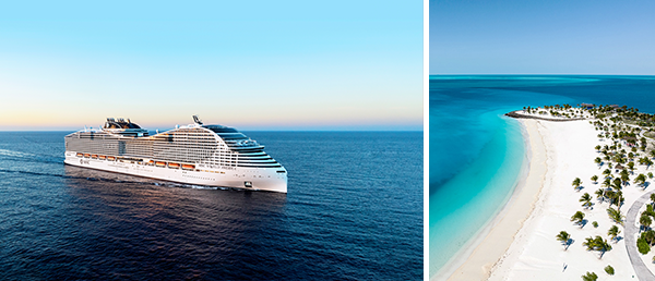 MSC World America vor einer kleinen Insel