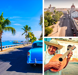Bildcollage: Blauer Oldtimer auf der Straße vor dem Meer in Varadero, Blick auf die Stadt Cienfuegos und Musiker mit Gitarre in der Hand.