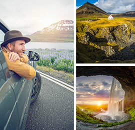 Bildcollage: Mann schaut aus Auto auf Berge von Island, Wasserfall & einzelnes Haus an Klippen mit Bergen.