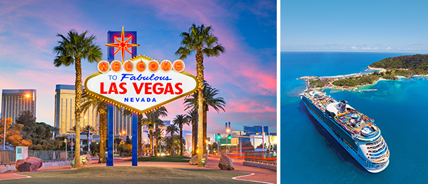 Bild-Collage: Eingangsschild von Las Vegas und Schiff Navigator of the Seas vor eine Landzunge.