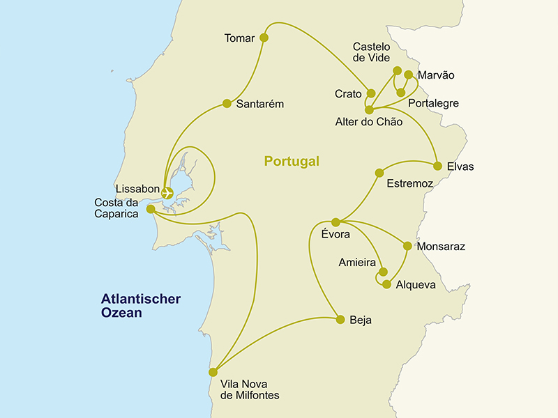 Karte der Portugal Rundreise.