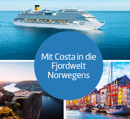 Bilder-Collage: Costa Diadema Außenansicht, Fjordlandschaft Nahe Stavanger und bunte Häuser in Kopenhagen. Störer: Mit Costa in die Fjordwelt Norwegens.