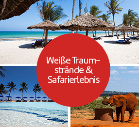Bild-Collage: Weiße Traumstrände und Safarierlebnis.