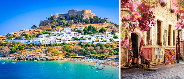 2 Bilder: Lindos mit Akropolis auf Rhodos und Straße in Antalya.