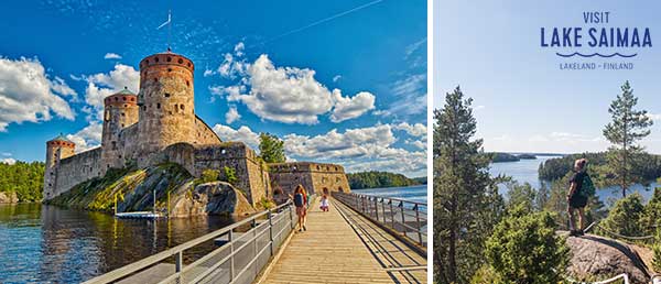 2 Bilder: Burg in Savonlinna & Frau blickt aus Wald auf See.