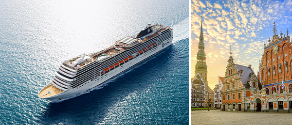 Bildcollage: MSC Magnifica auf See und Lettlands Hauptstadt Riga.