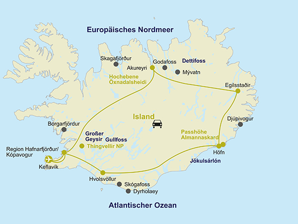 Karte der 8-tägigen Island-Rundreise.