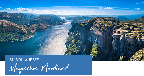 Blick auf Preikestolen in Stavanger . Text: Stilvoll auf See. Magisches Nordland.