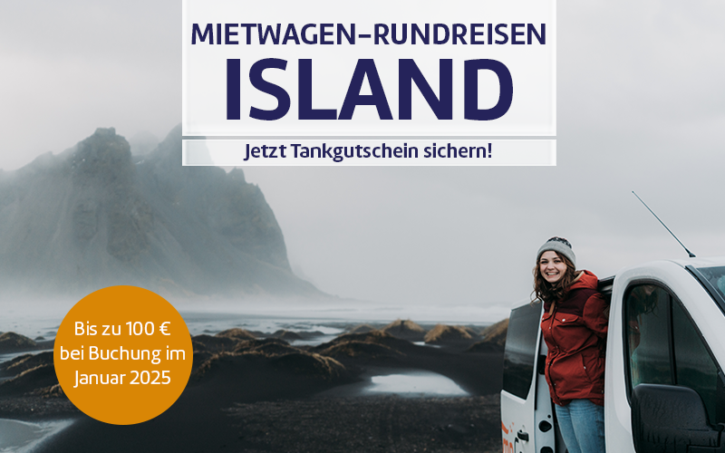 Island: Bis zu 100 € Tankgutschein auf Mietwagen-Rundreise sichern.