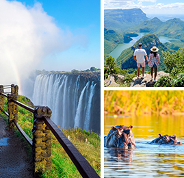 Bildcollage: Viktoriafälle, Paar steht am Blyde River Canyon und drei Nildpferde schauen aus dem Wasser.