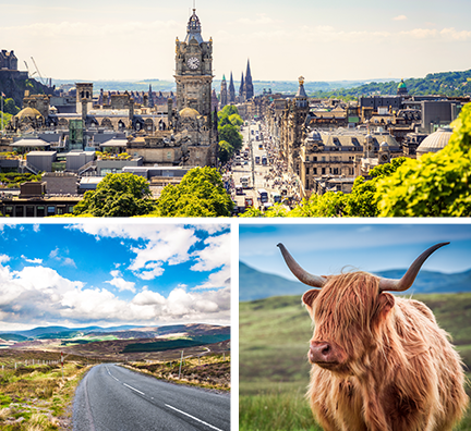 Bild-Collage: Bild-Collage: Alstadt von Edinburgh, Straße in den Highlands und braunes Highlands Cettle.