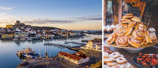 Bild-Collage: Stadt Marstrand in Schweden und Zimtschnecken.