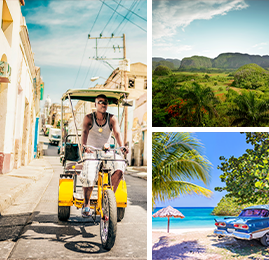Bildcollage: Man der auf einem Fahrrad durch die Straßen von Santiago de Cuba fährt, Blick auf das Vinales-Tal und Oldtimer am Strand in Havanna.