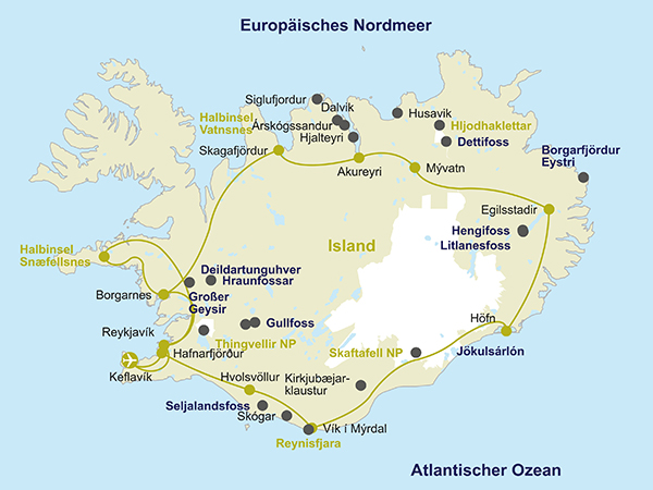 Karte der 15-tägigen Island-Rundreise.