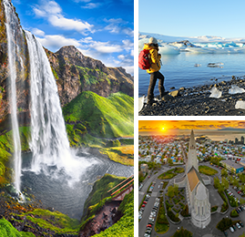 Bildcollage: Seljalandsfoss, Gletscherlagune Jökulsárlón und Hauptstadt Reykjavík.