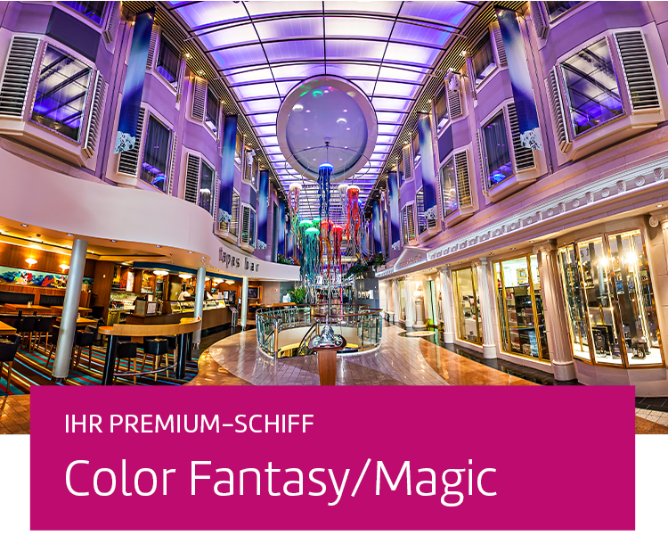 Text: Ihr Premium-Schiff - Color Fantasy/Magic, Bild: Geschäfte im Inneren des Schiffes.