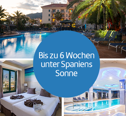 Bild-Collage: Poolbereich des Hotels mit Palmen und Liegen, Doppelzimmerbeispiel Betten, Indoorpool. Blaue Kreisgrafik mit Text: Bis zu 6 Wochen unter Spaniens Sonne.