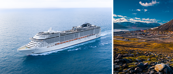 Bildcollage: Schiff MSC Preziosa und Longyearbyen auf Spitzbergen.